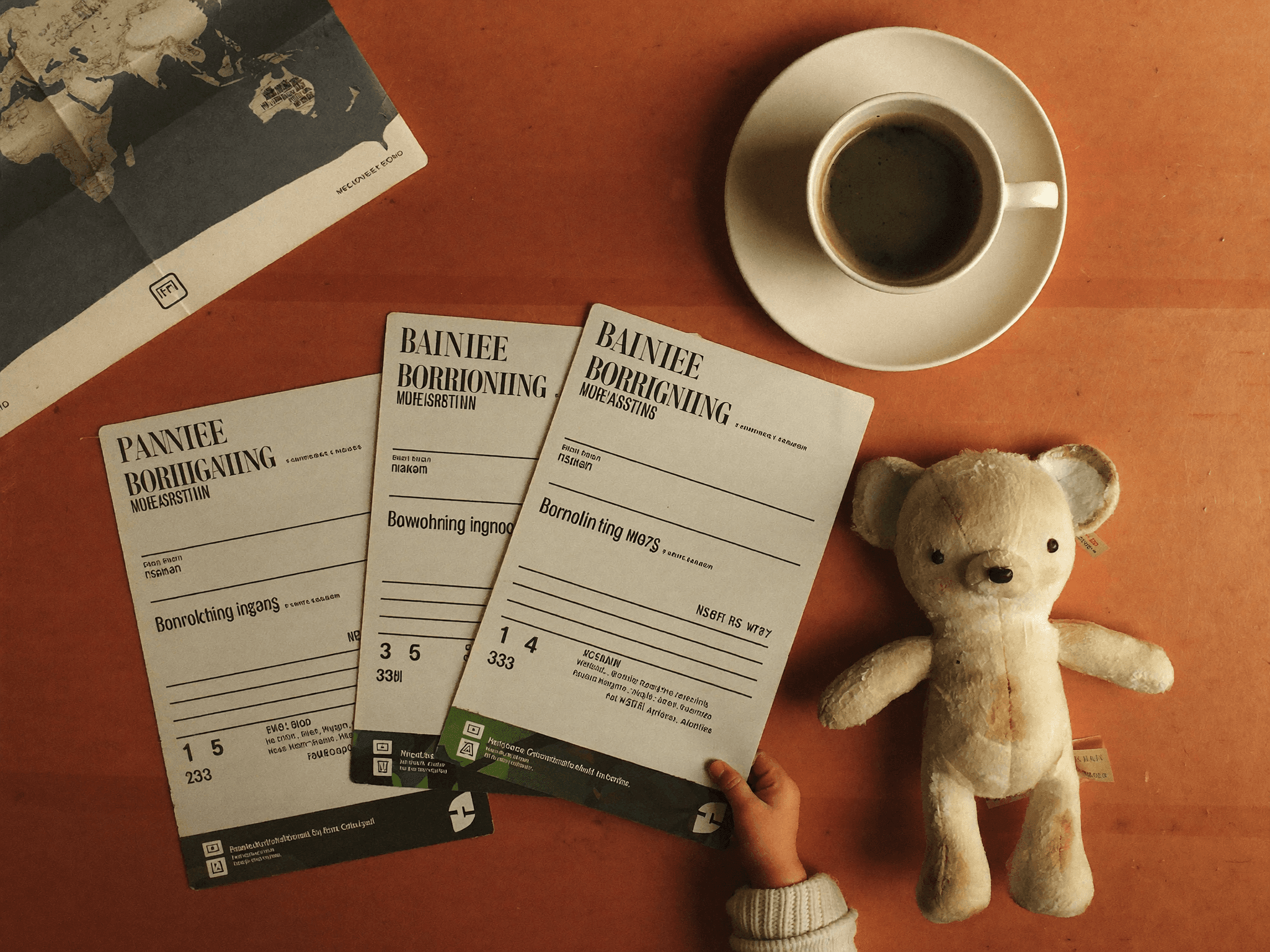 A top-down flat lay of three boarding passes, a coffee cup, a folded paper map, a small stuffed bear with a toddler's hand reaching toward it.